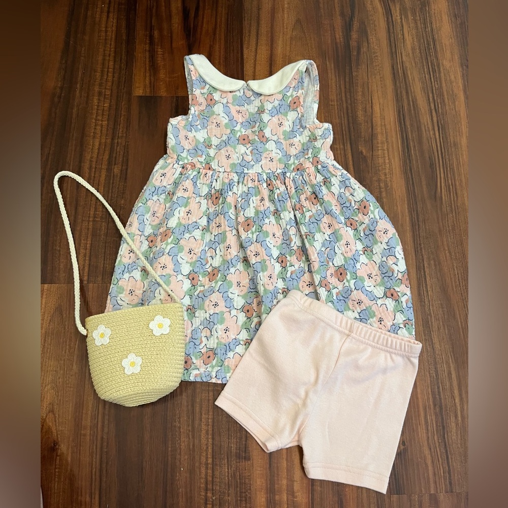 Adorable toddler girl floral dress with shorts and purse